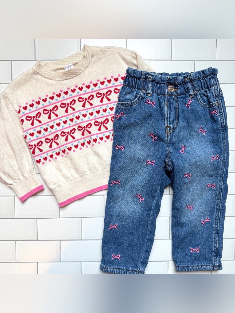 18-24M🎀 GAP Baby Bows Hearts Fair Isle Sweater & Pink Bow Embroidered Jeans